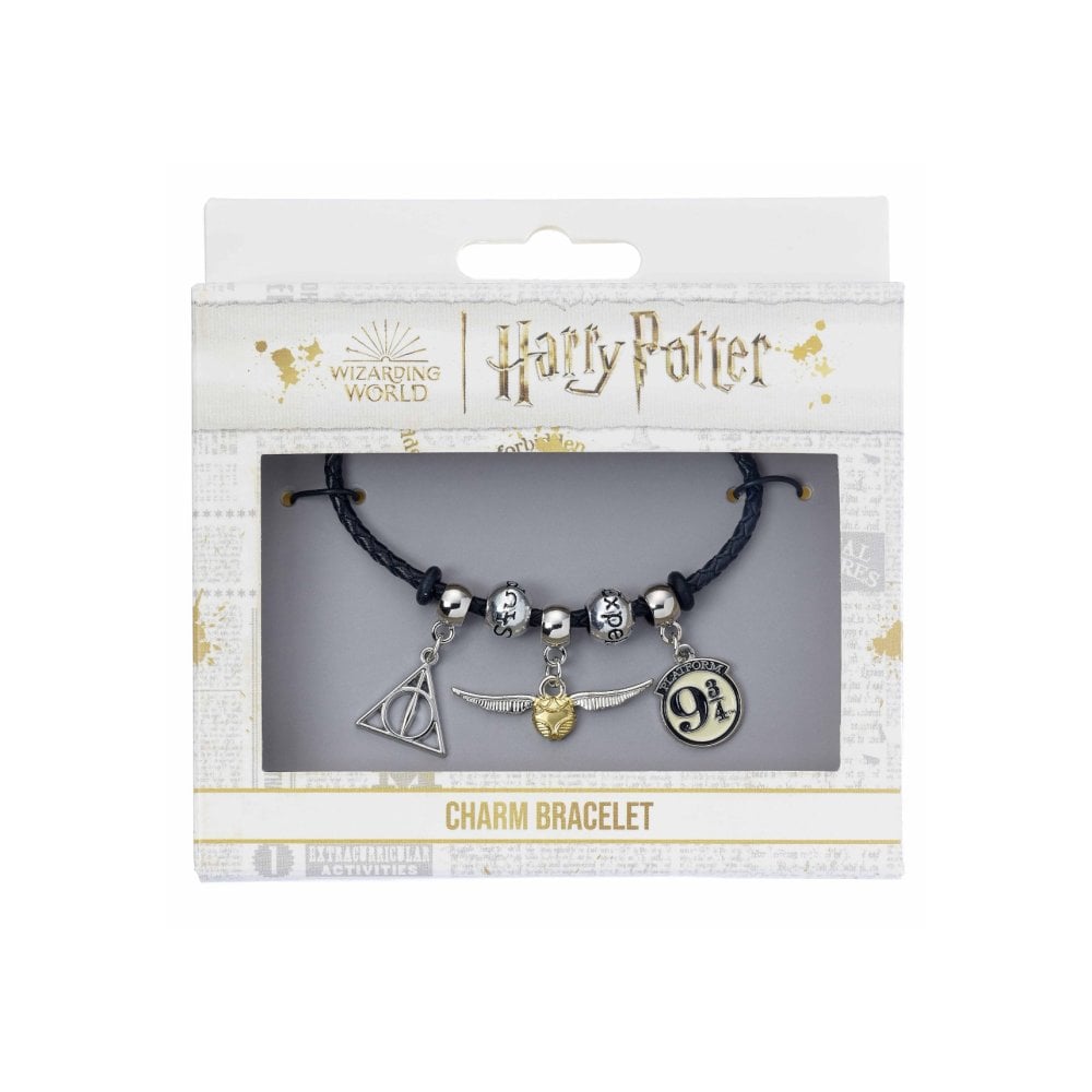 Harry Potter Charm Set- Black Leather Bracelet with Deathly Hallows  Golden Snitch  Platform 9 3/4 & 2 Spellbead charms