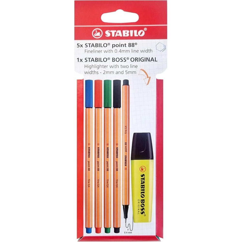 Fineliner -STABILO point 88 - 5pc + 1 BOSS Highlighter Yellow