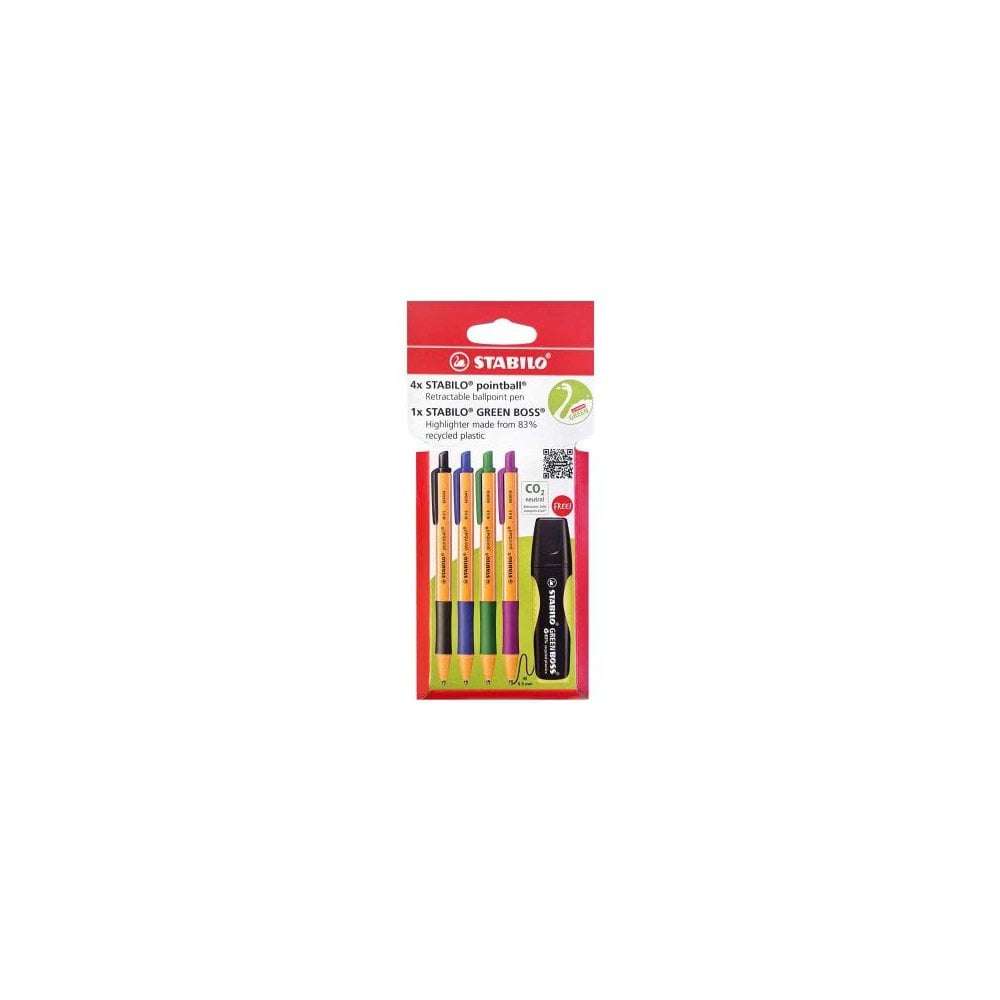 Ballpoint -STABILO pointball - 4pc + 1 GREEN BOSS Highlighter