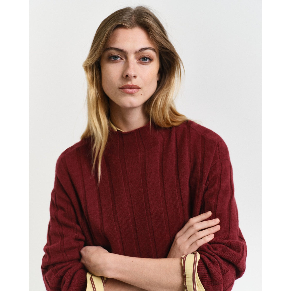 Wide Ribbed Wool Stand Collar Sweater
