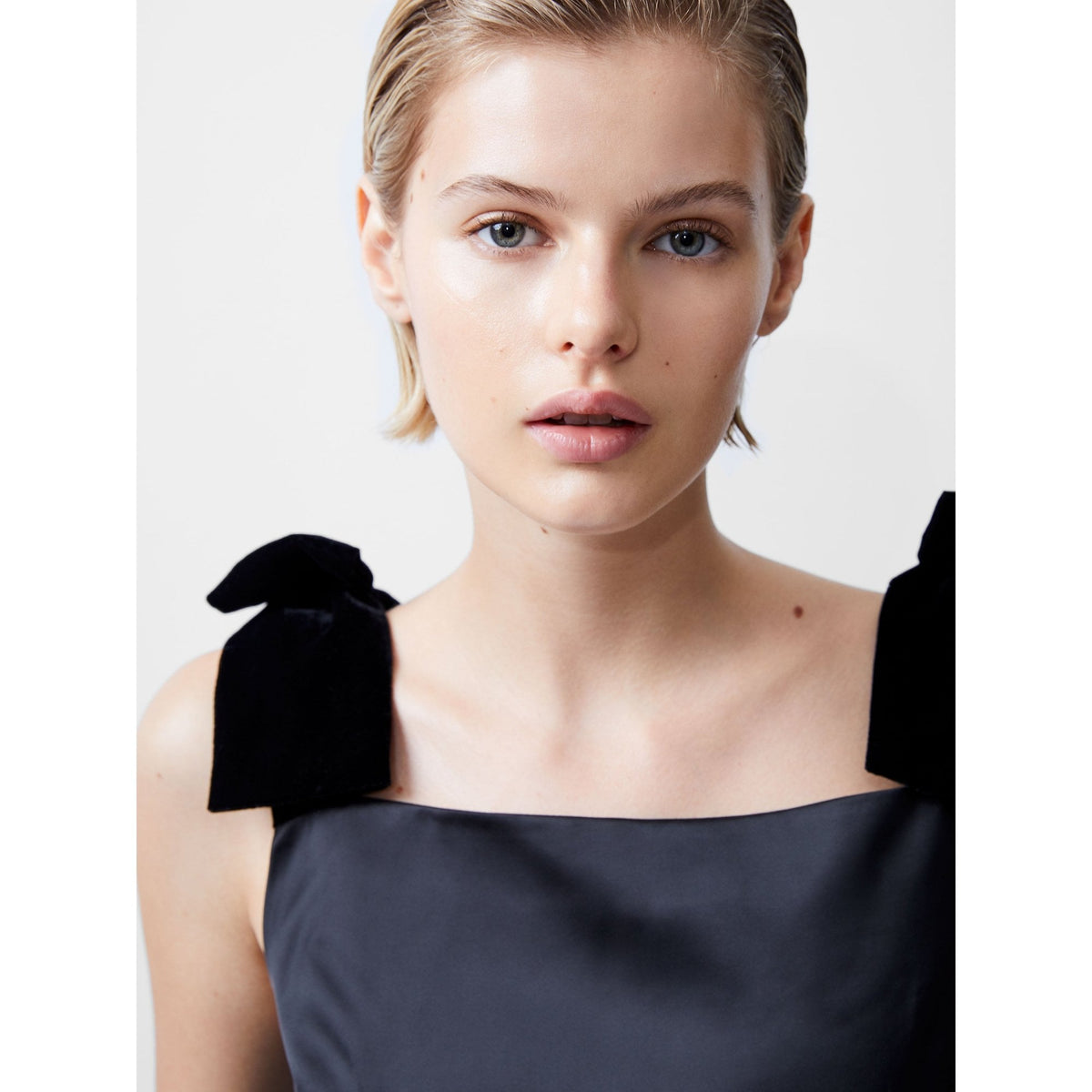 Carey Velvet Bow Straps Satin Mini Dress