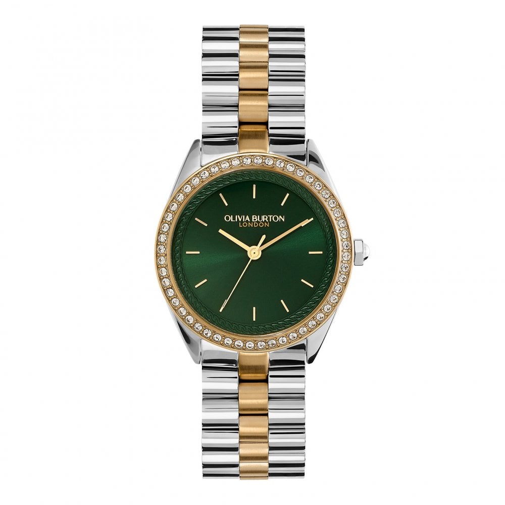 Sports Luxe - 34mm Bejewelled Forest Green & Two Tone Bracelet Watch