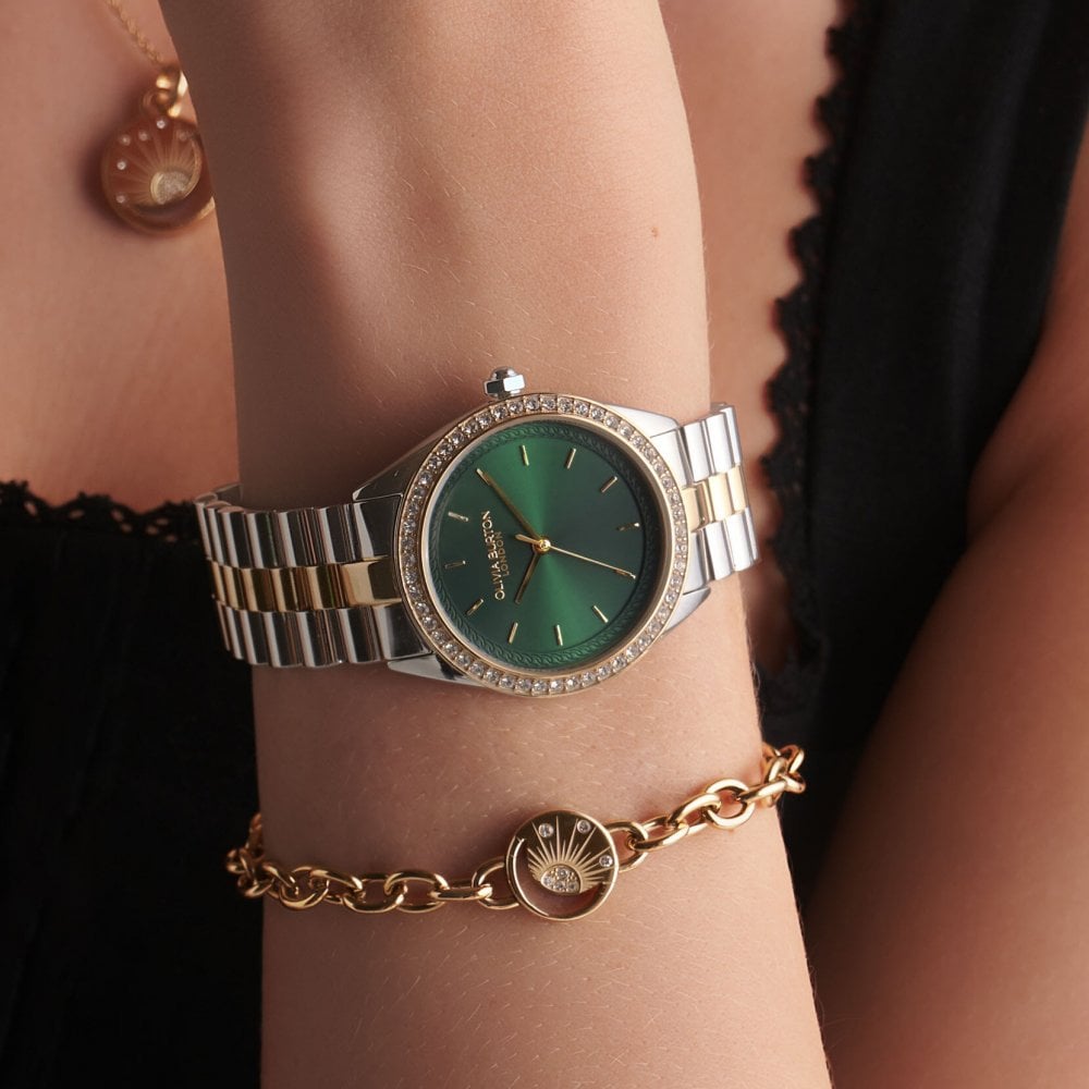 Sports Luxe - 34mm Bejewelled Forest Green & Two Tone Bracelet Watch