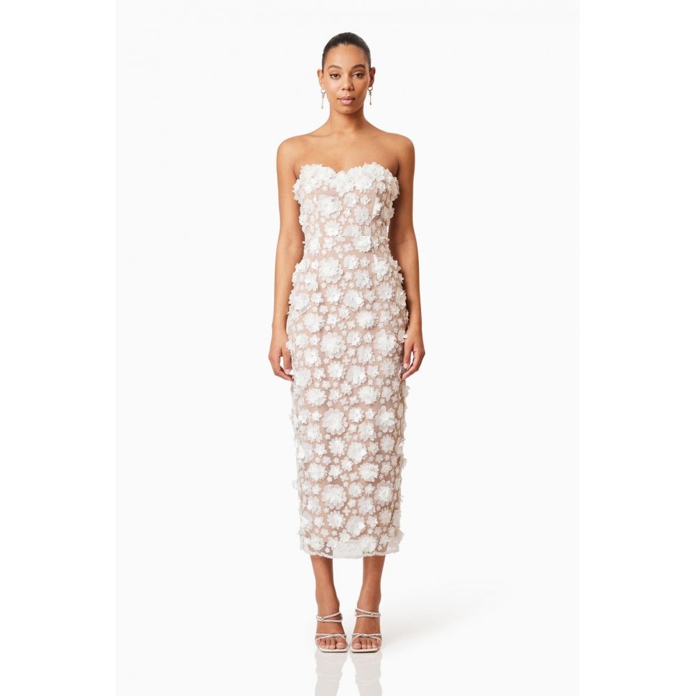 Bluebell Strapless 3D Midi Dress in White