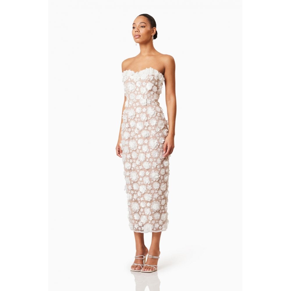 Bluebell Strapless 3D Midi Dress in White