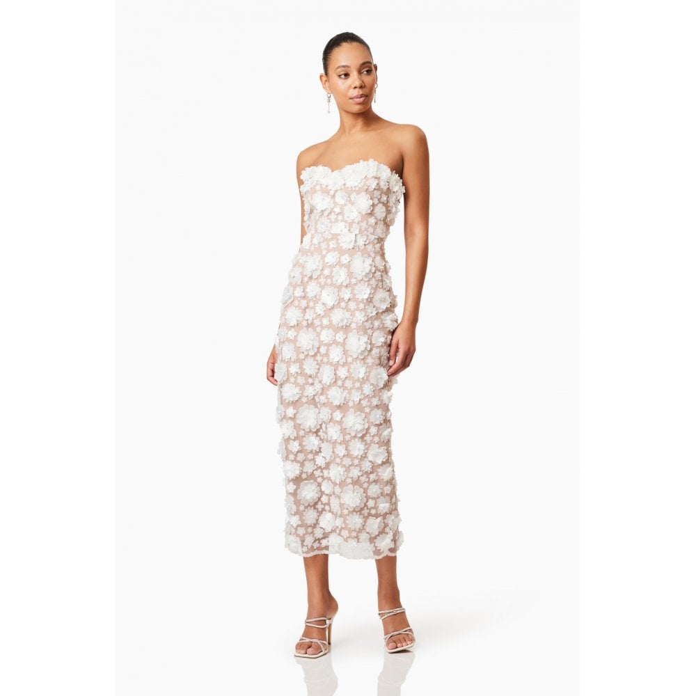 Bluebell Strapless 3D Midi Dress in White