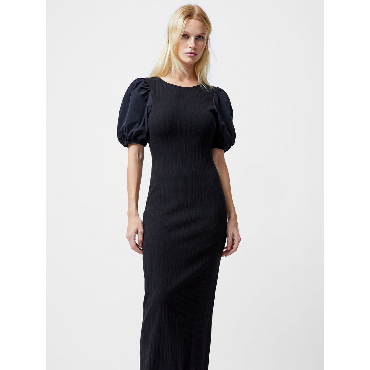 Sasia Ribbed Puff Sleeve Midi Dress