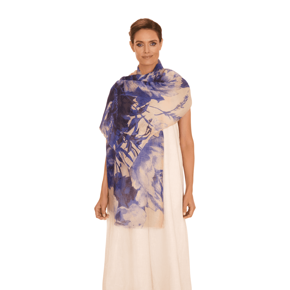 China Blue Blooms Linen/Cotton Mix Scarf