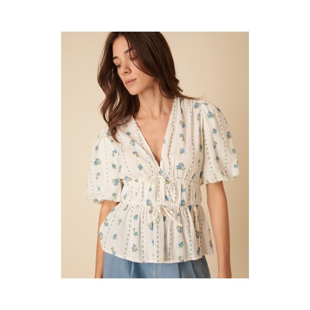 White Floral Printed Tie Detail Blouse