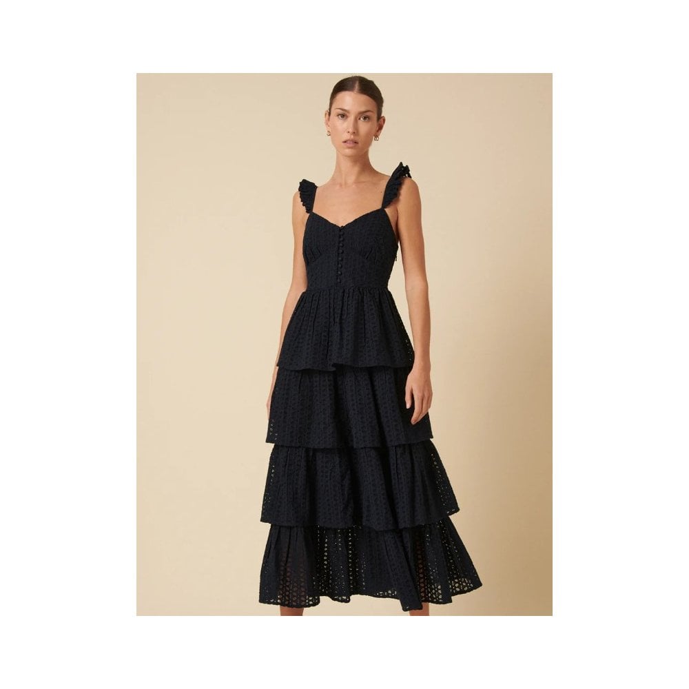 Navy Broderie Anglaise Tiered Rhys Midi Dress