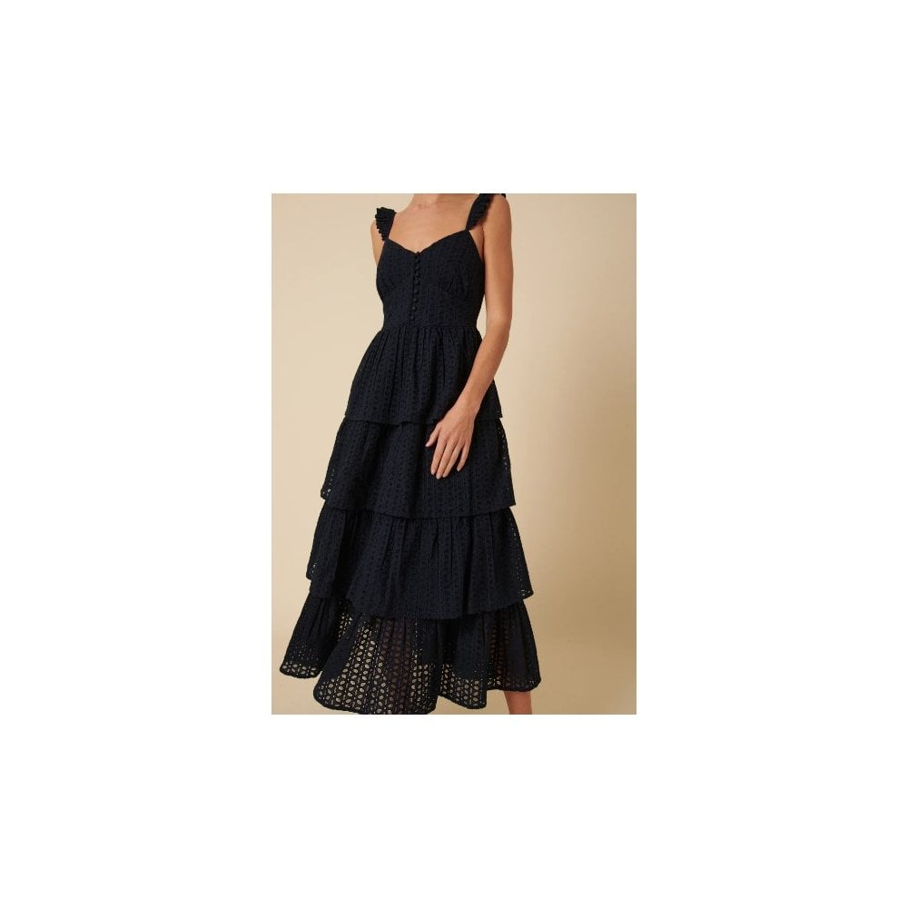 Navy Broderie Anglaise Tiered Rhys Midi Dress