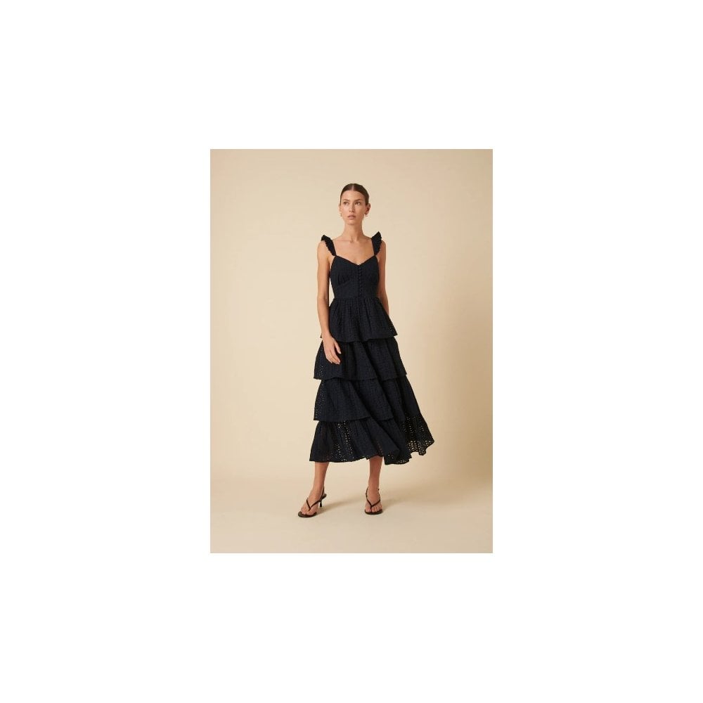 Navy Broderie Anglaise Tiered Rhys Midi Dress