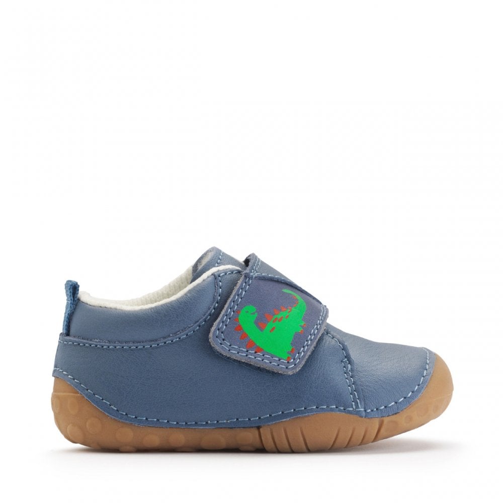 Dinky Denim blue leather dino baby rip-tape pre-walkers