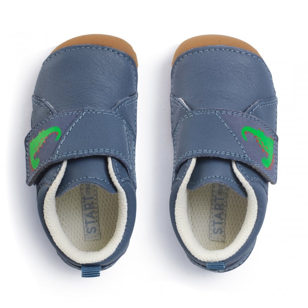 Dinky Denim blue leather dino baby rip-tape pre-walkers