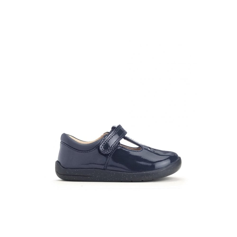 Puzzle Navy Blue Patent Girls Rip-Tape T-Bar First Walking Shoes