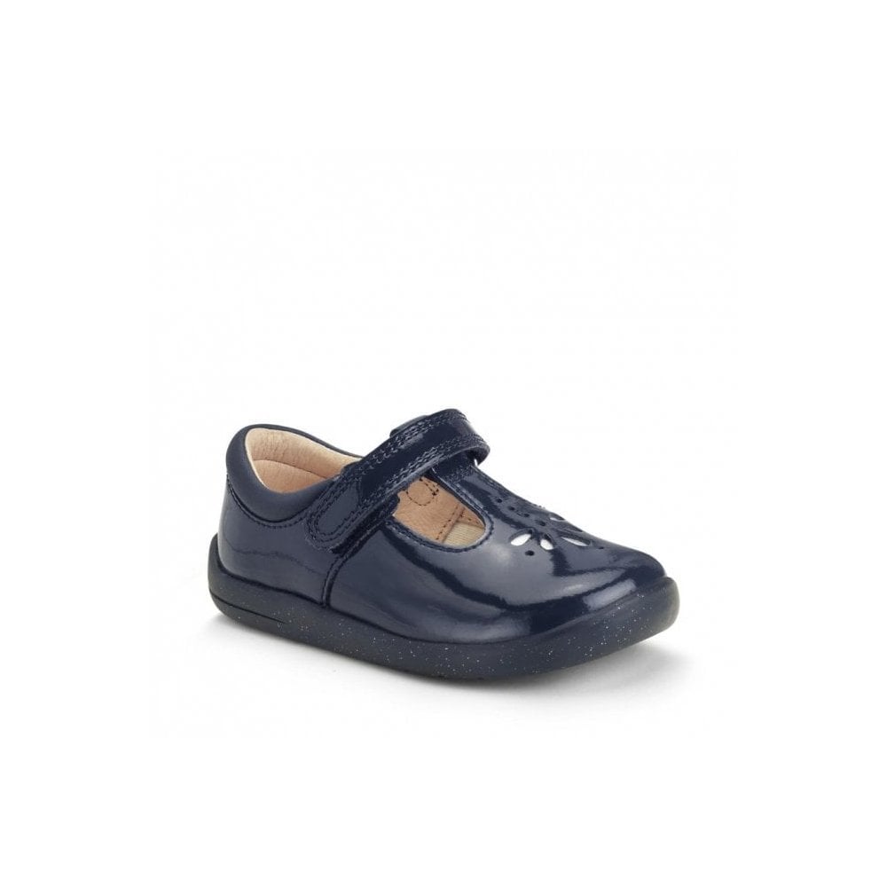 Puzzle Navy Blue Patent Girls Rip-Tape T-Bar First Walking Shoes