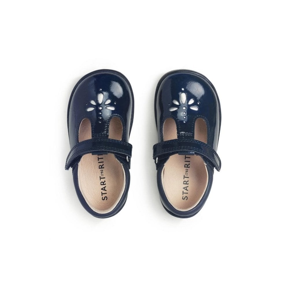 Puzzle Navy Blue Patent Girls Rip-Tape T-Bar First Walking Shoes