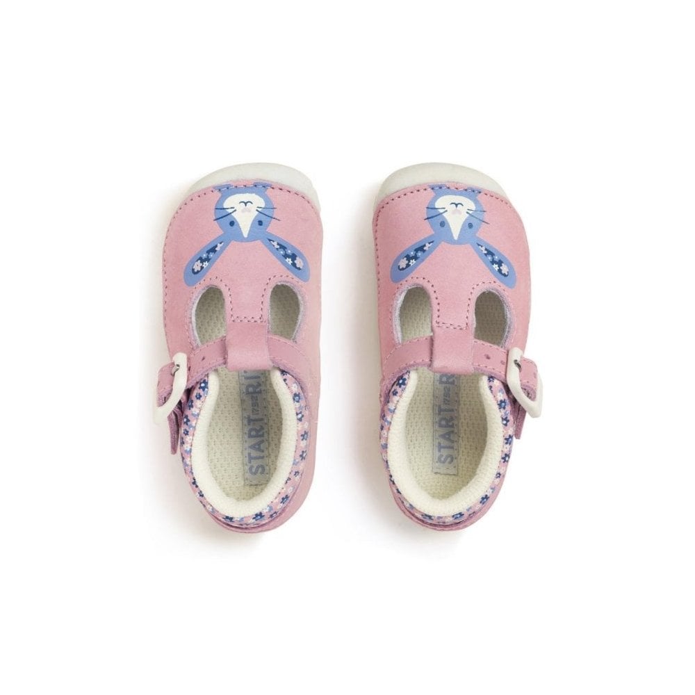 Little Paws Pink Nubuck/Leather Bunny Girls T-Bar Buckle Pre-Walking Shoes