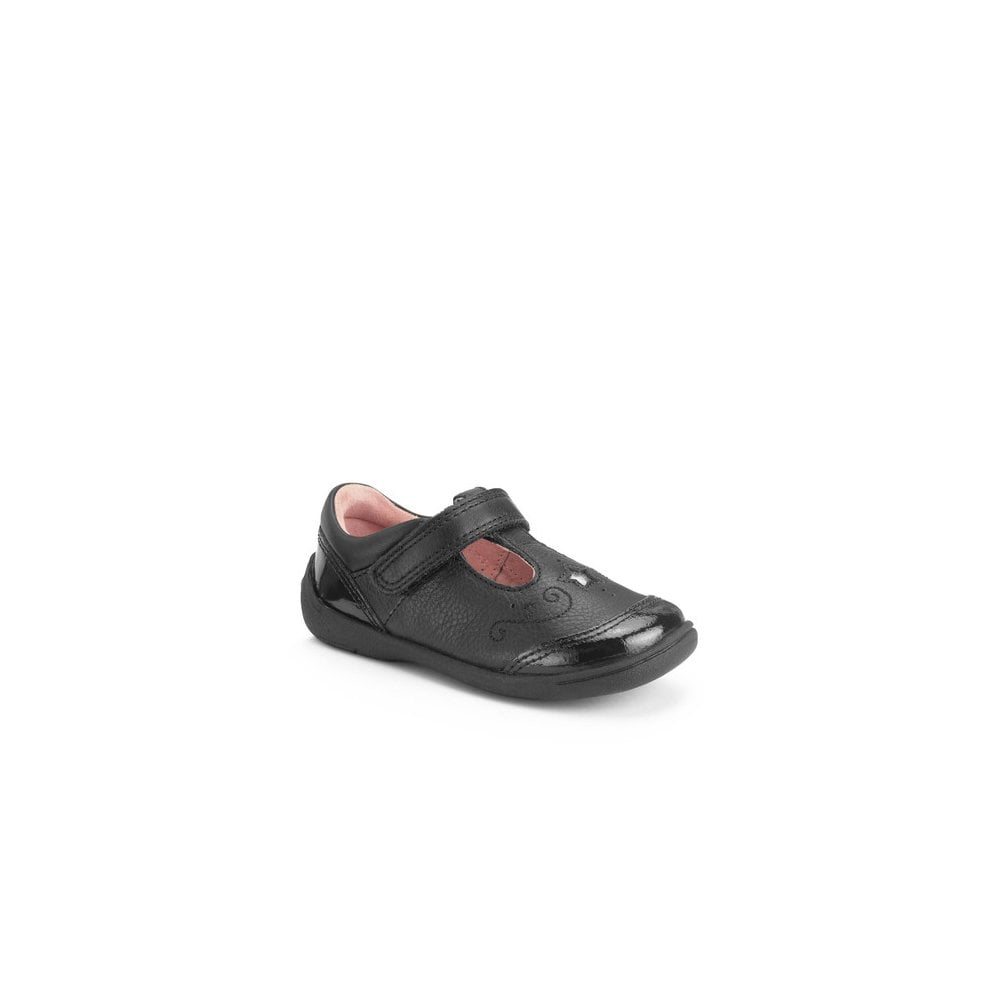Dazzle Black leather/patent girls rip-tape t-bar first school shoes