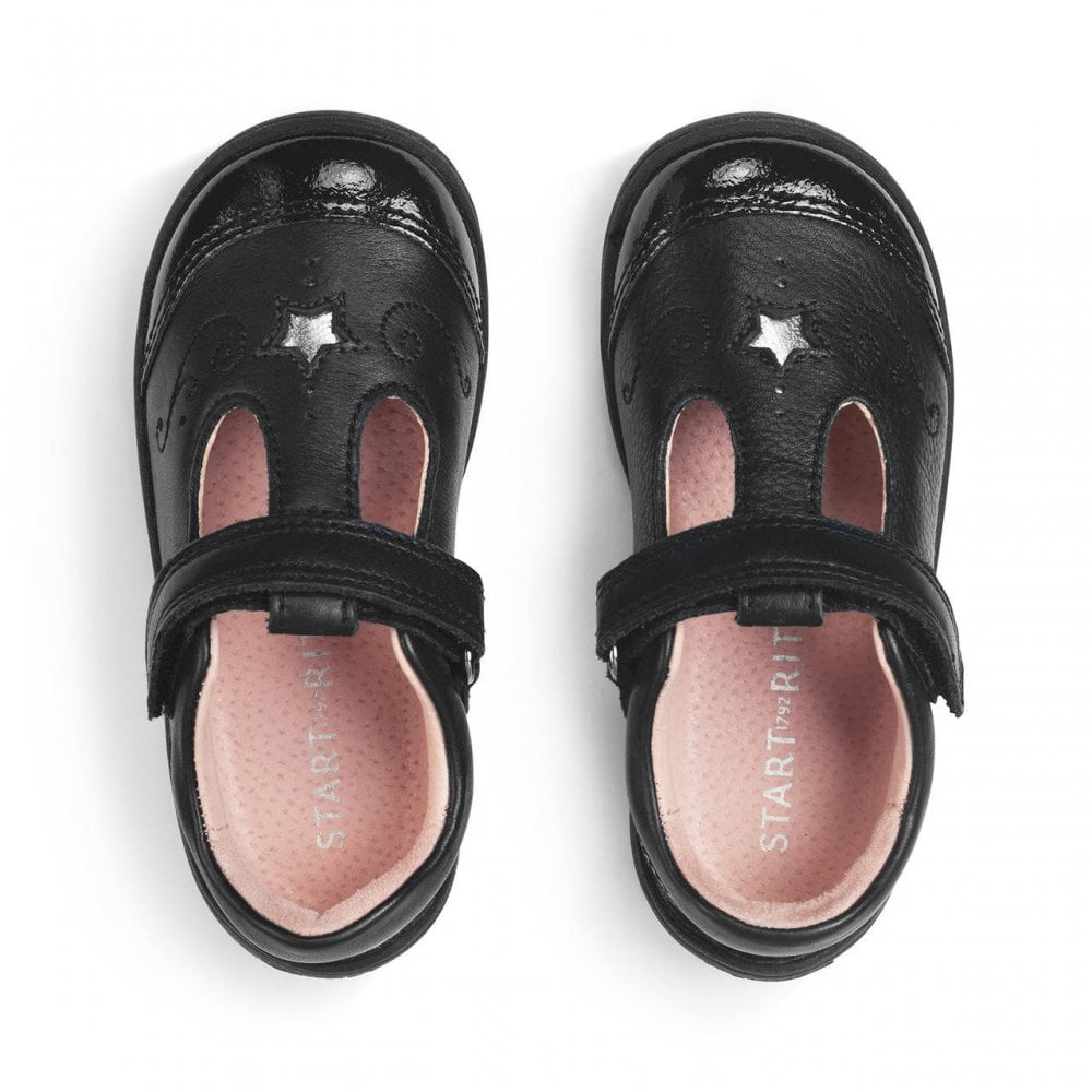 Dazzle Black leather/patent girls rip-tape t-bar first school shoes