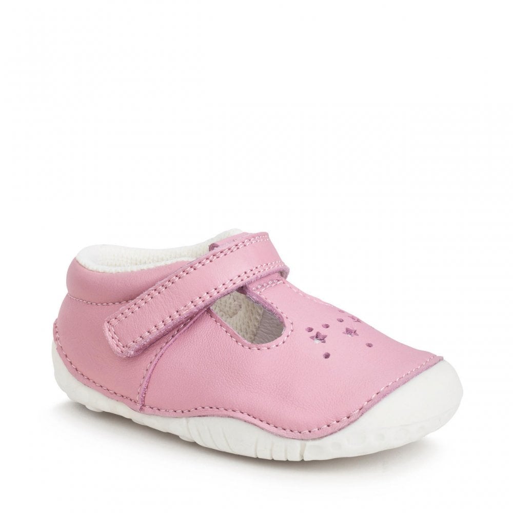 Tumble Pale pink leather girls rip-tape t-bar pre-walkers
