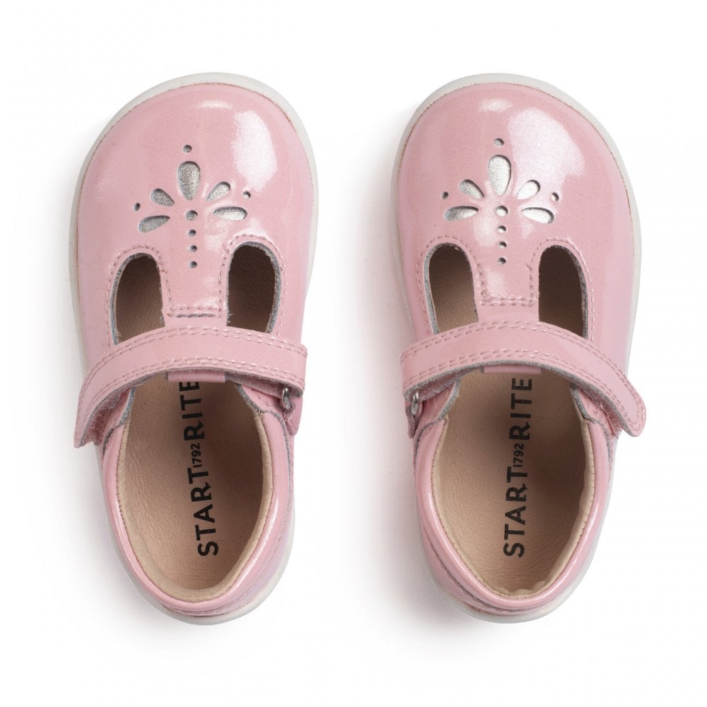 Puzzle Sugar pink sparkle patent girls rip-tape T-bar first walking shoes