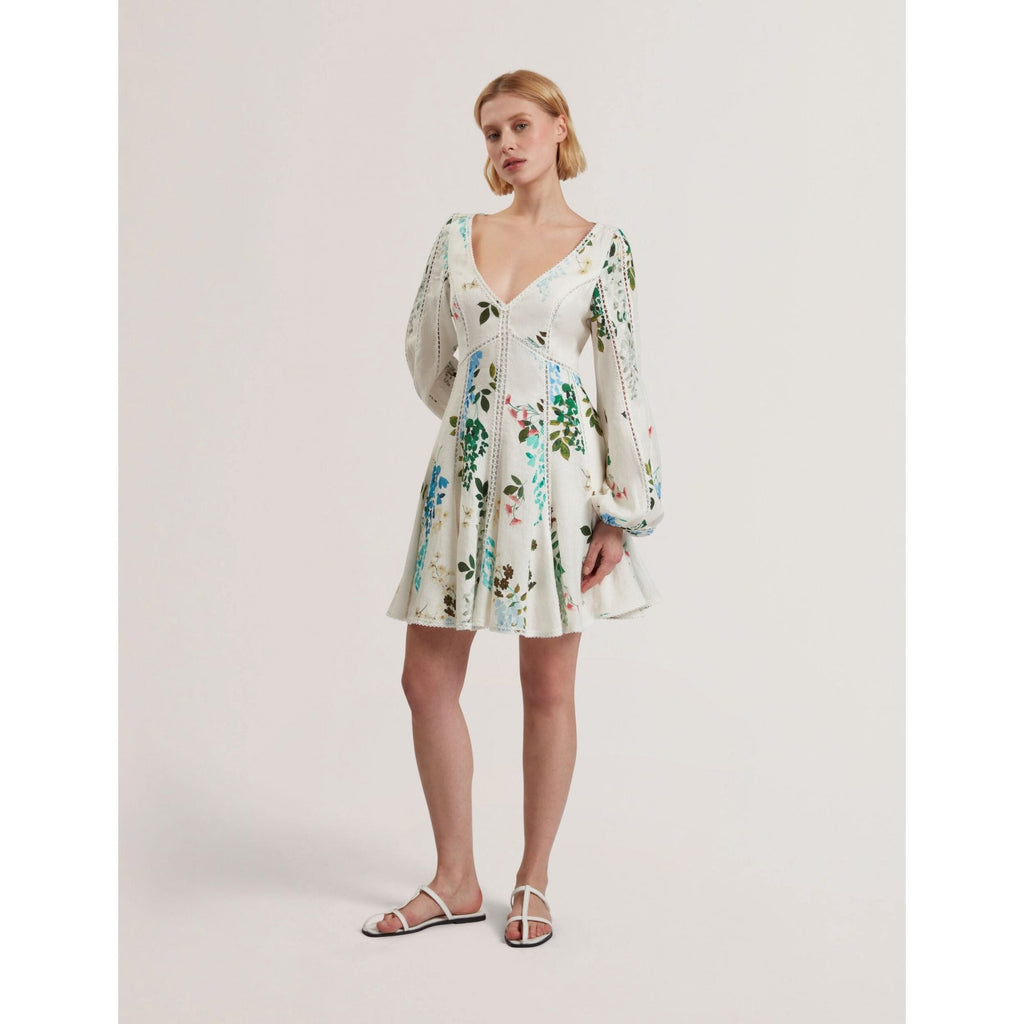 Belvida Floral Crochet Trim Linen Mini Dress