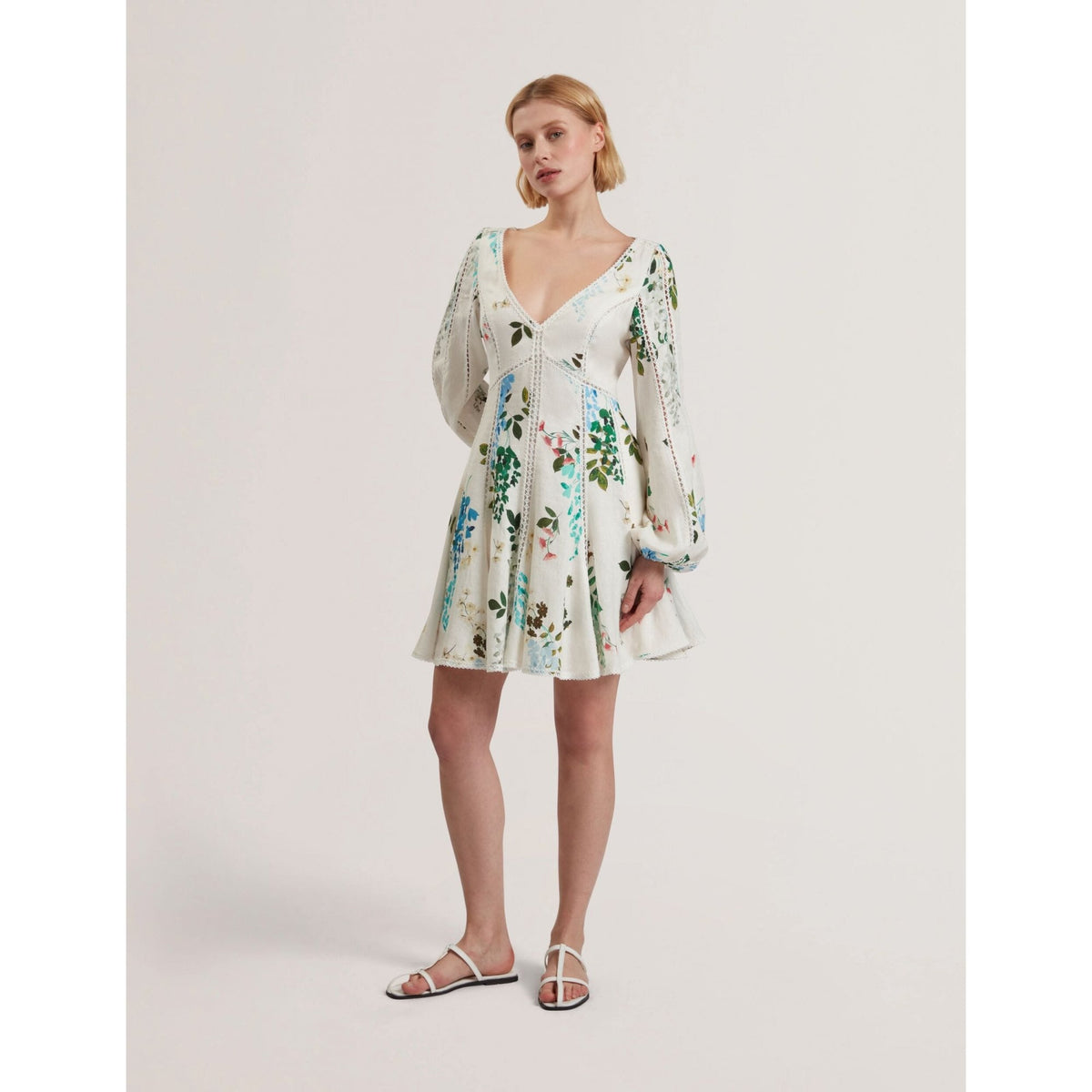 Belvida Floral Crochet Trim Linen Mini Dress