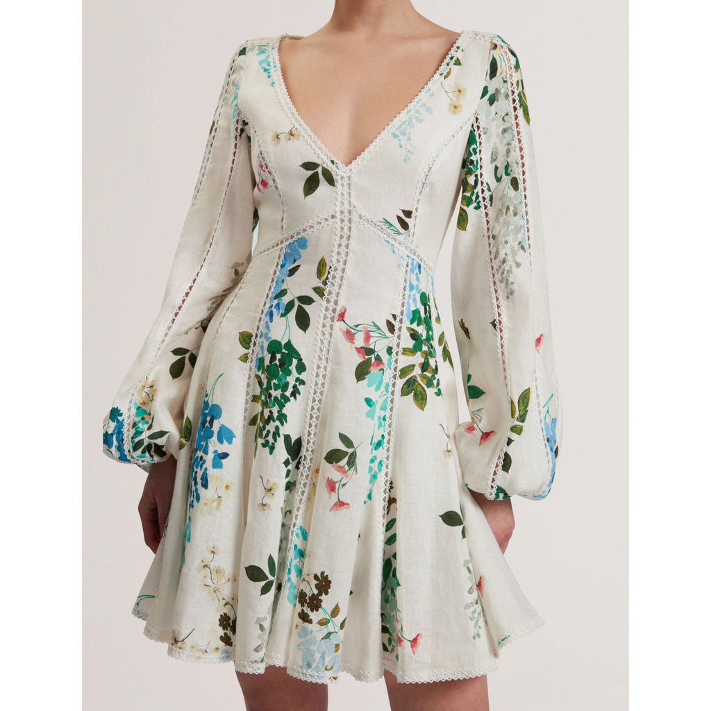 Belvida Floral Crochet Trim Linen Mini Dress