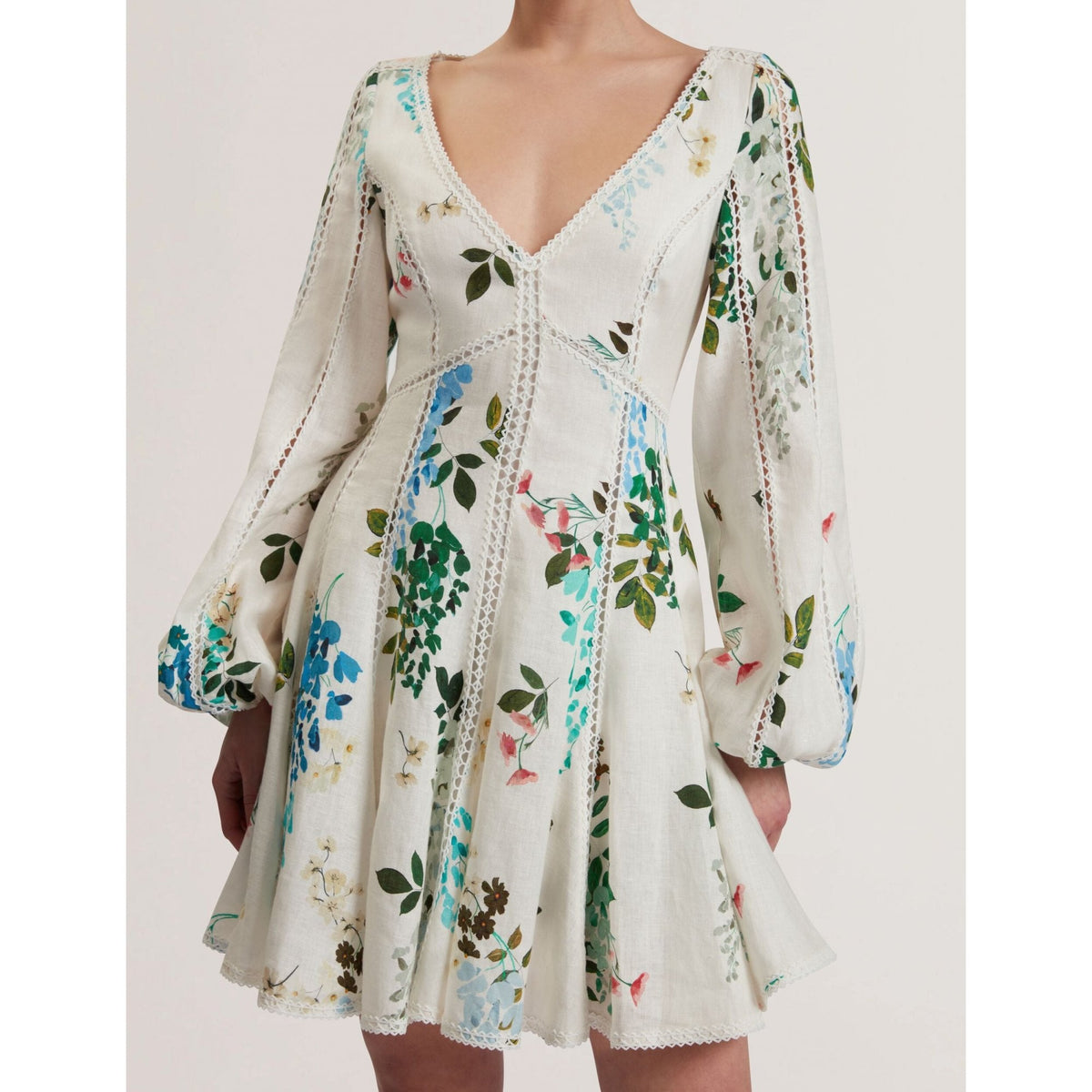 Belvida Floral Crochet Trim Linen Mini Dress
