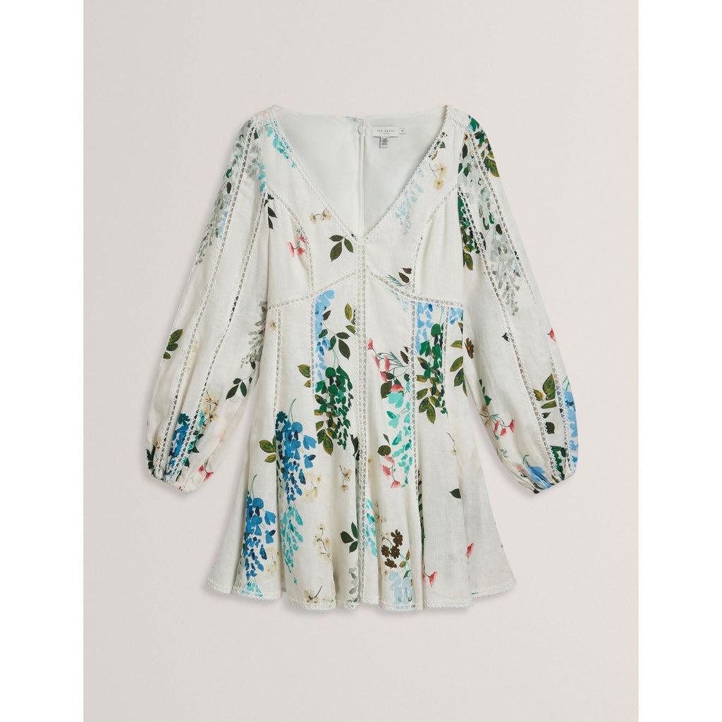 Belvida Floral Crochet Trim Linen Mini Dress