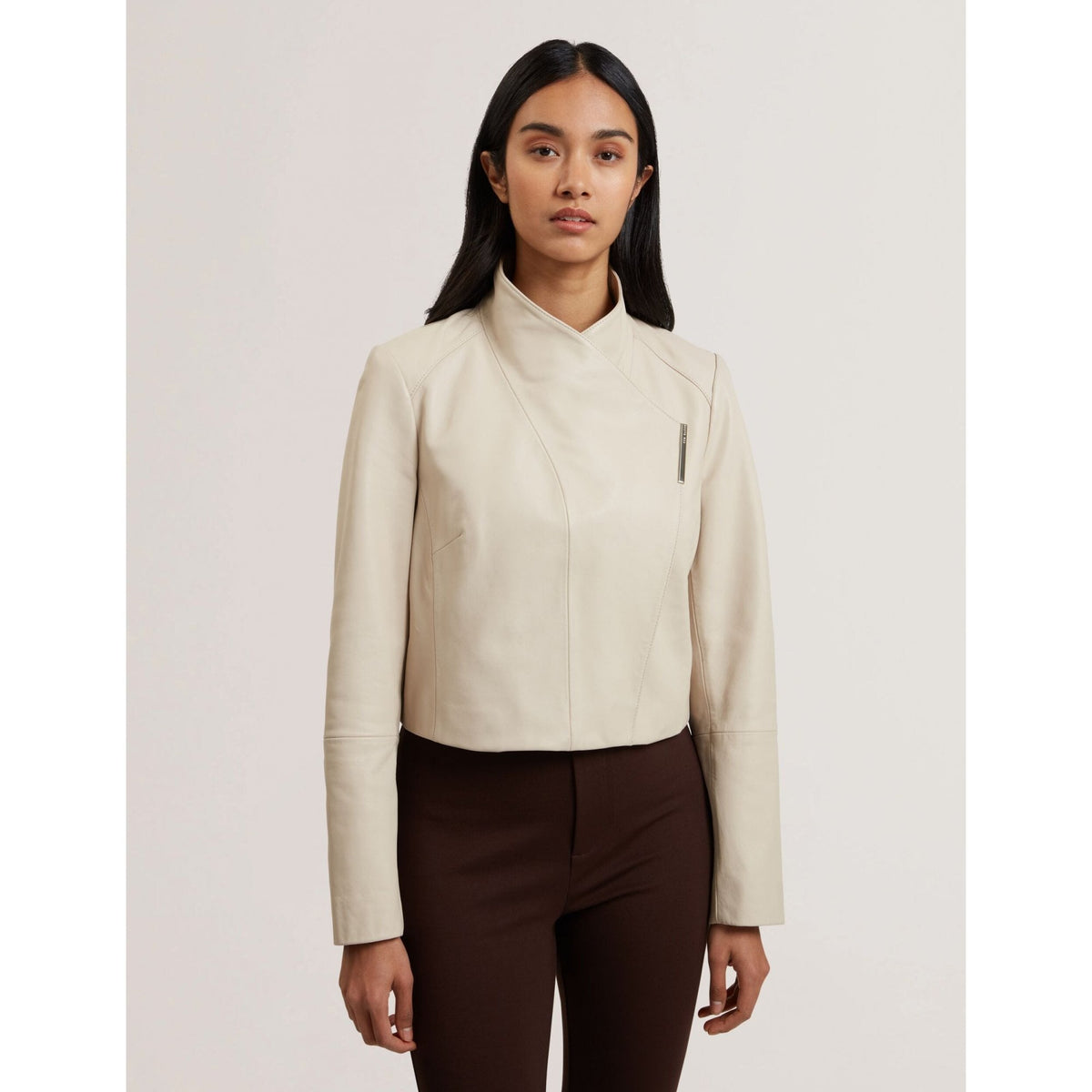 Riyoze Wrap Front Cropped Leather Jacket