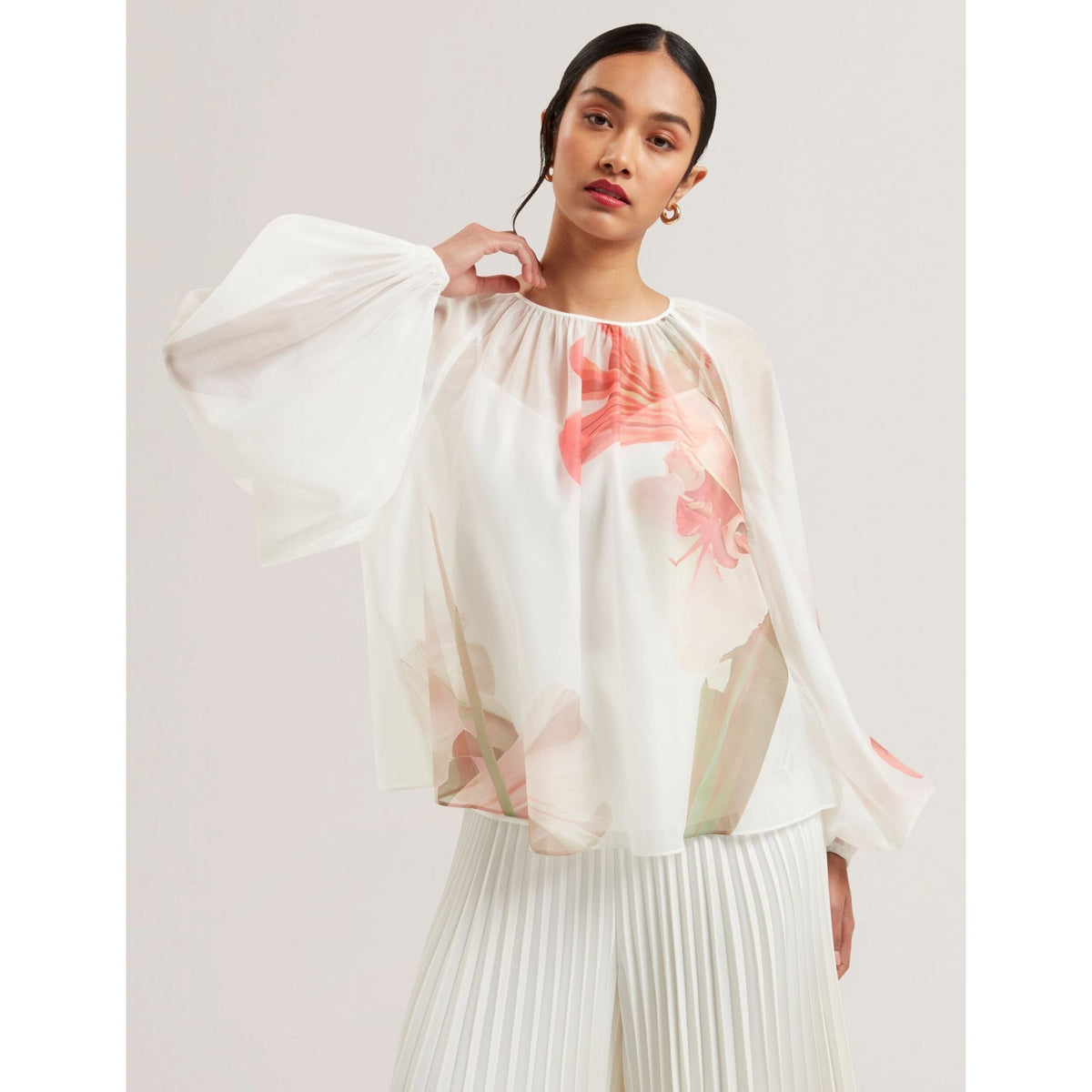 Eriana Organza Print Detail Bishop Sleeve Blouse