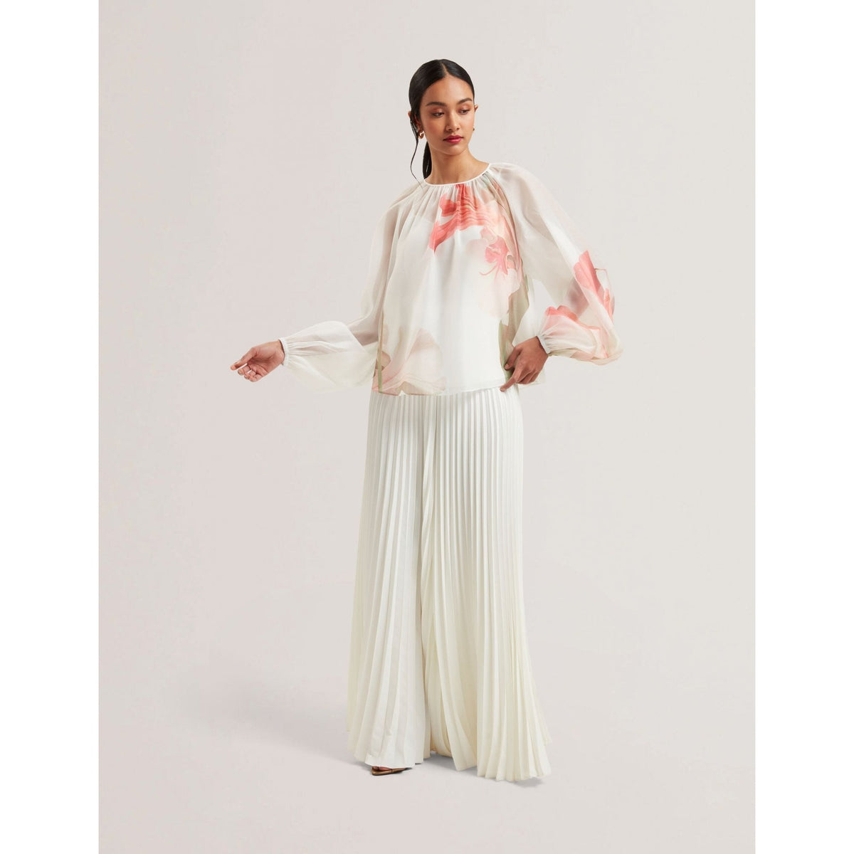 Eriana Organza Print Detail Bishop Sleeve Blouse