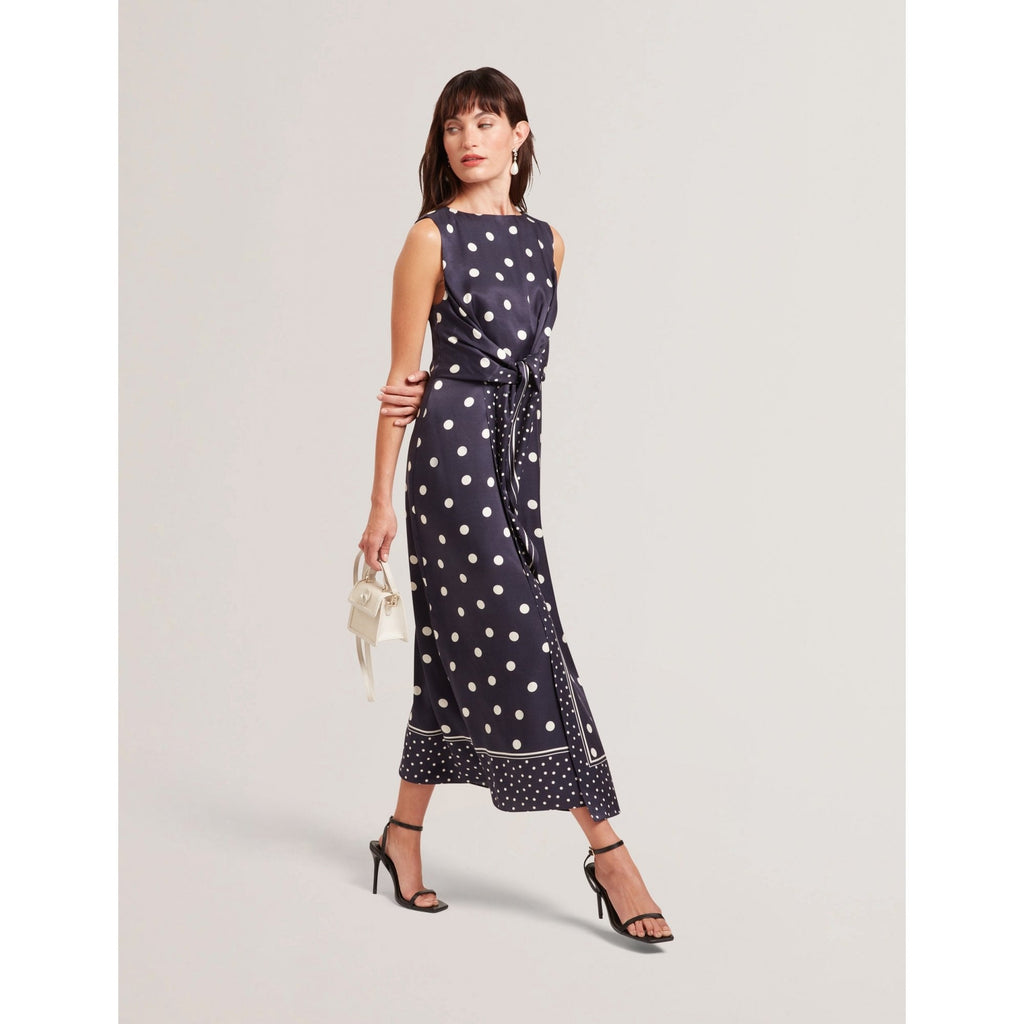 Malmoa Polka Dot Tie Detail Column Midi Dress