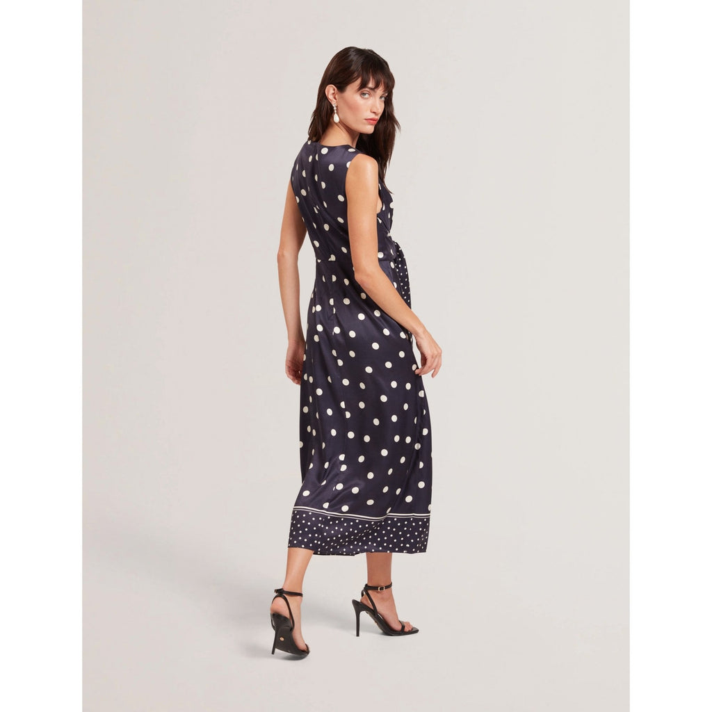 Malmoa Polka Dot Tie Detail Column Midi Dress