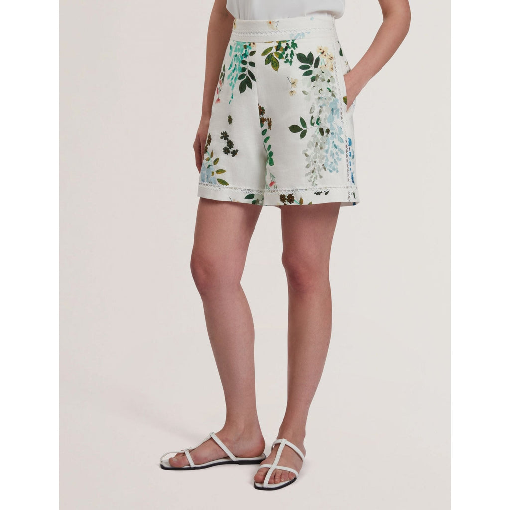 Vylla Floral High Waist Linen Shorts With Trim Detail