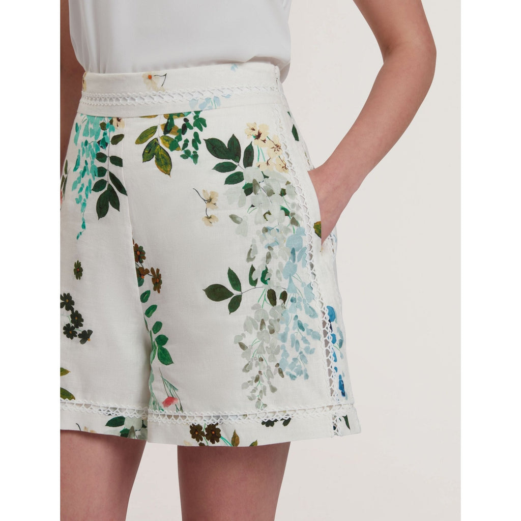 Vylla Floral High Waist Linen Shorts With Trim Detail