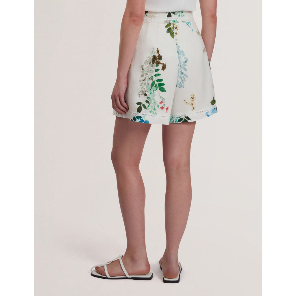 Vylla Floral High Waist Linen Shorts With Trim Detail