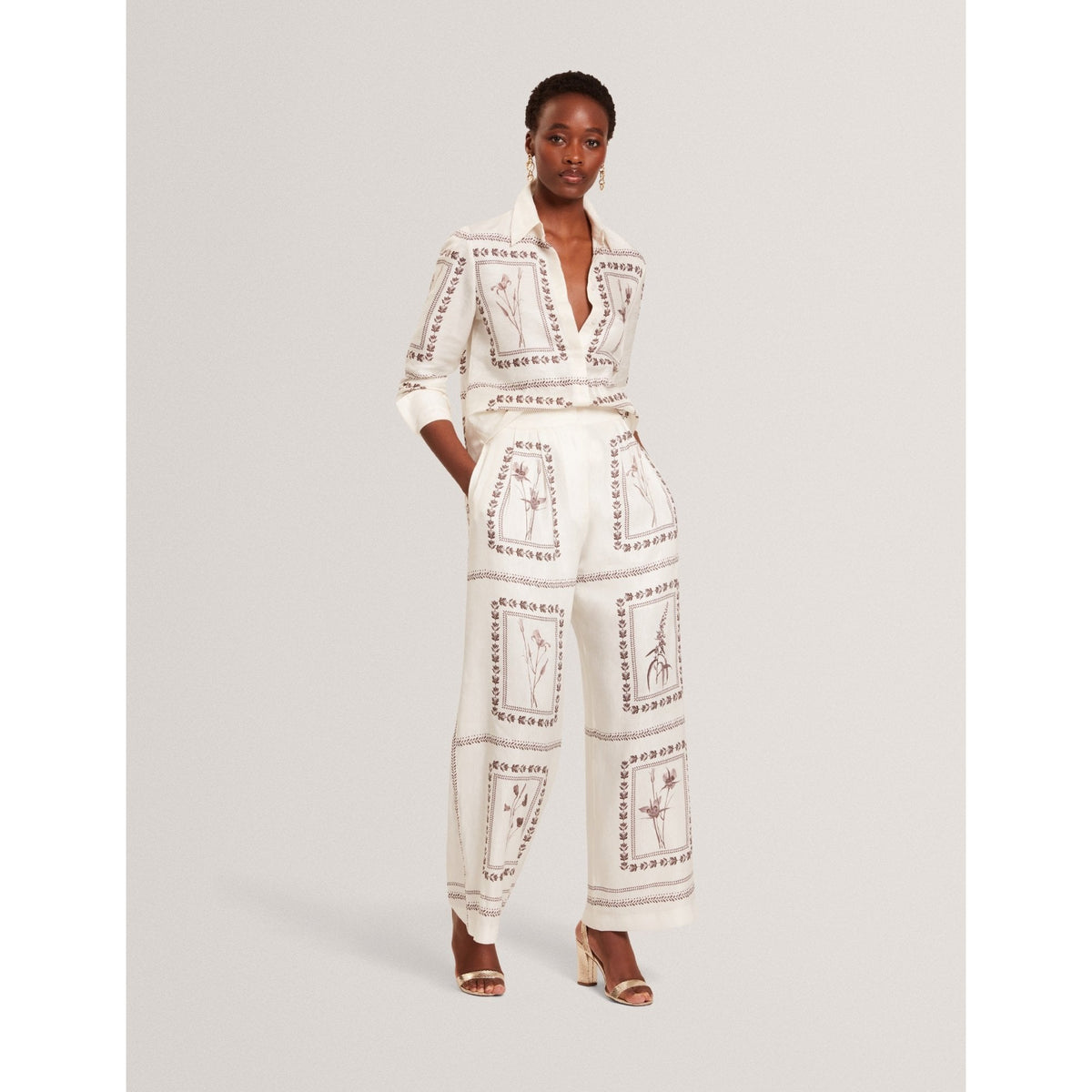 Ornitha Panel Print Silk Linen Wide Leg Trousers