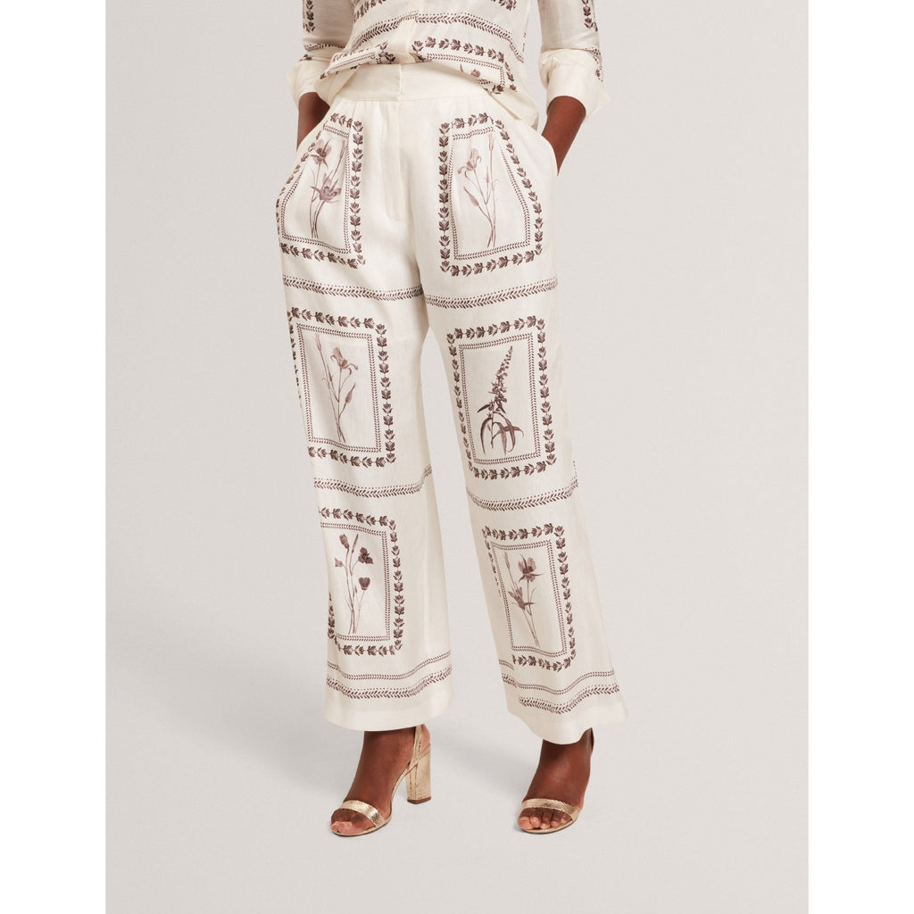 Ornitha Panel Print Silk Linen Wide Leg Trousers