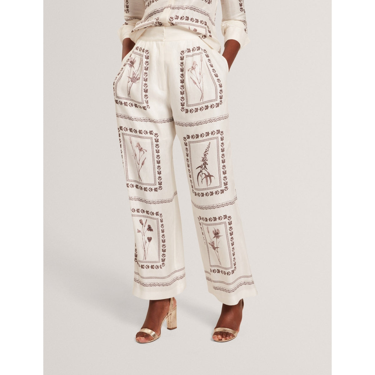 Ornitha Panel Print Silk Linen Wide Leg Trousers