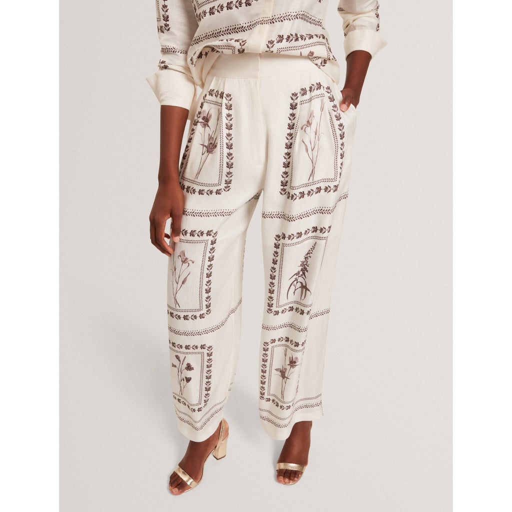 Ornitha Panel Print Silk Linen Wide Leg Trousers