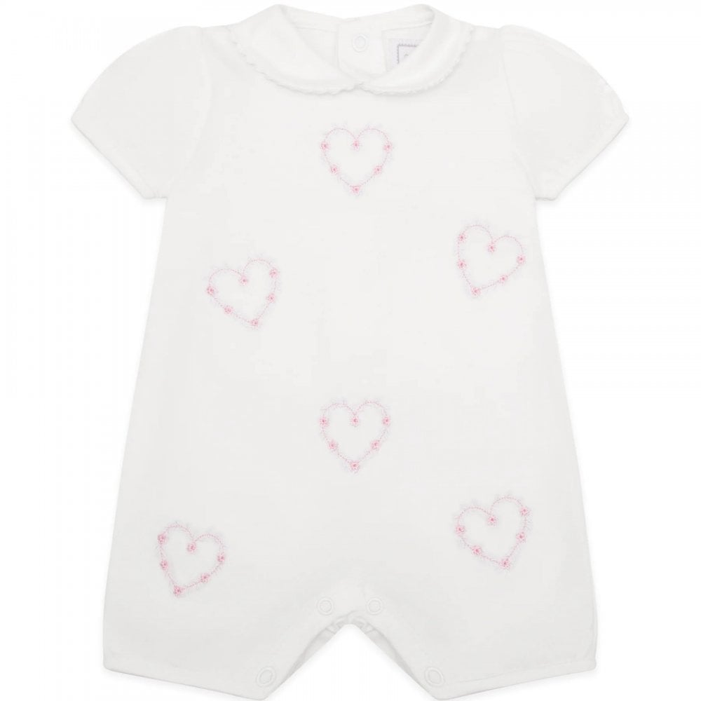 White jersey Romper with emb floral hearts & collar