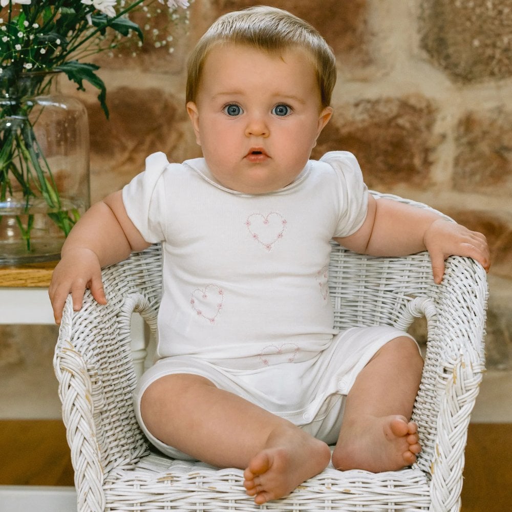 White jersey Romper with emb floral hearts & collar