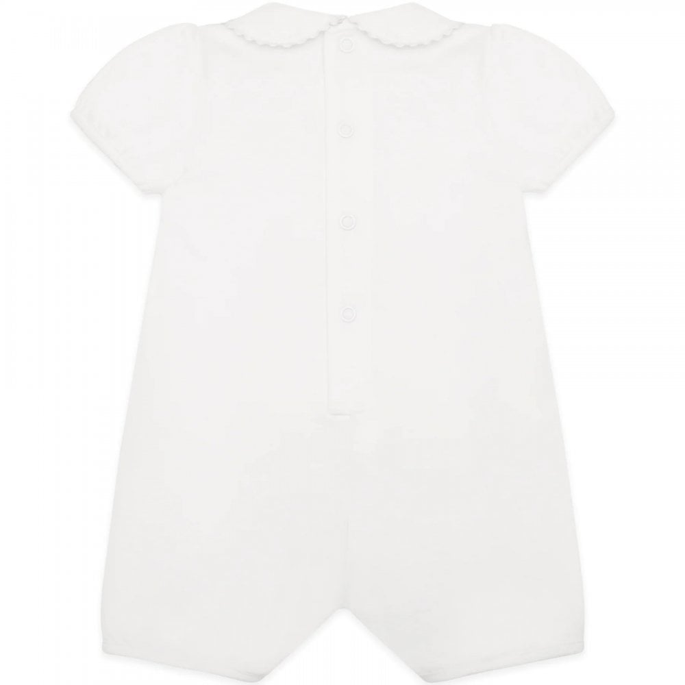 White jersey Romper with emb floral hearts & collar