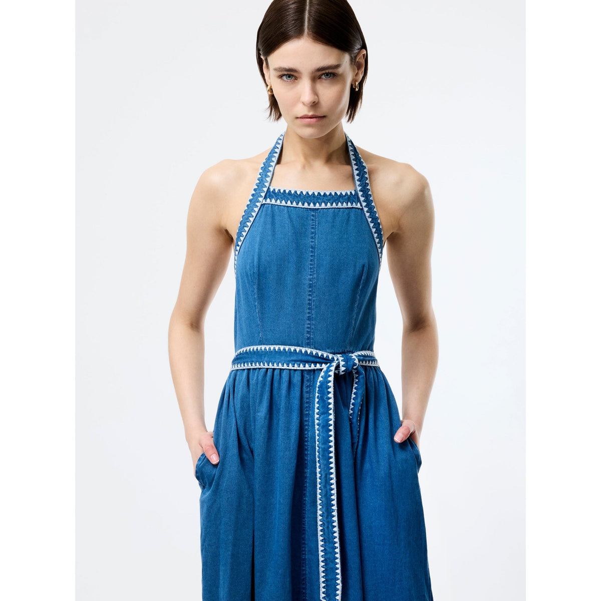 Zaves Chambray Denim Halterneck Midi Dress