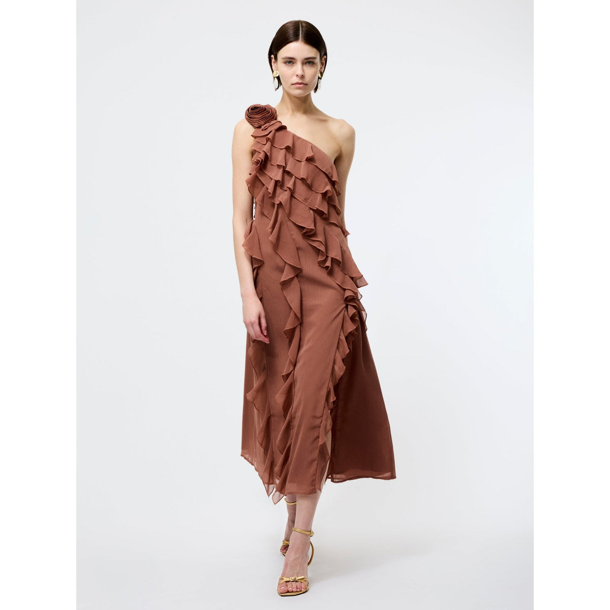 Oskar Georgette Ruffle Midi Dress