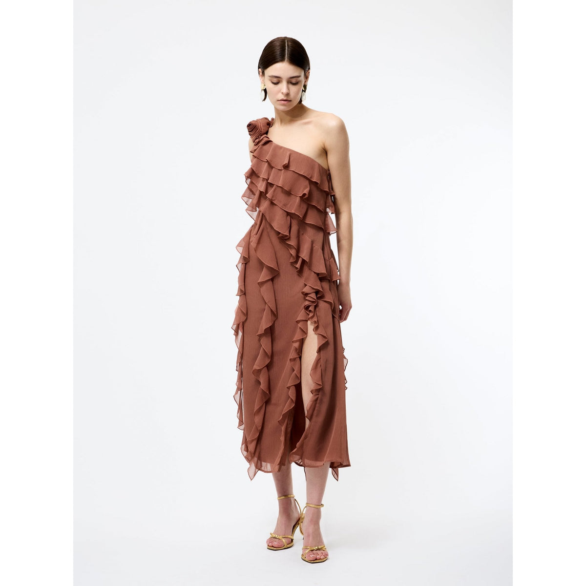 Oskar Georgette Ruffle Midi Dress