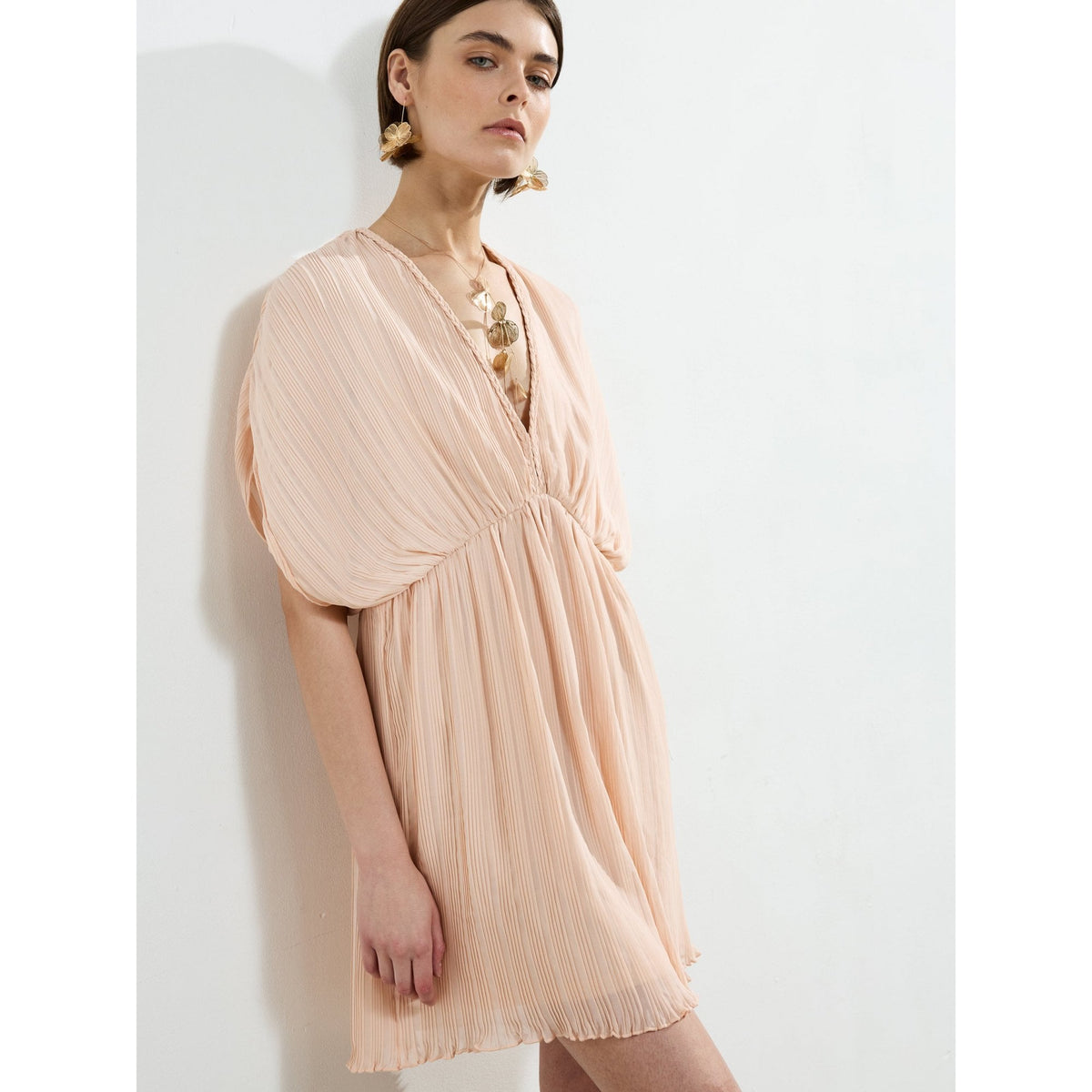 Chathia Plisse V-Neck Mini Dress